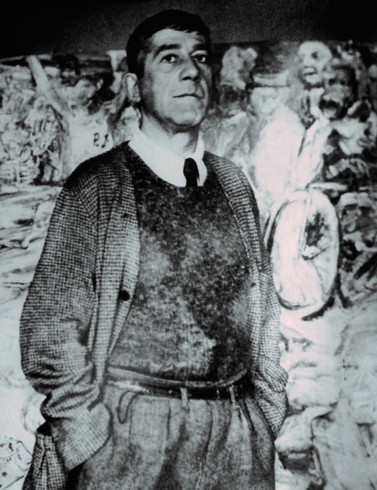 Kokoschka vor dem Gemälde „What we are fighting for“ London 1943